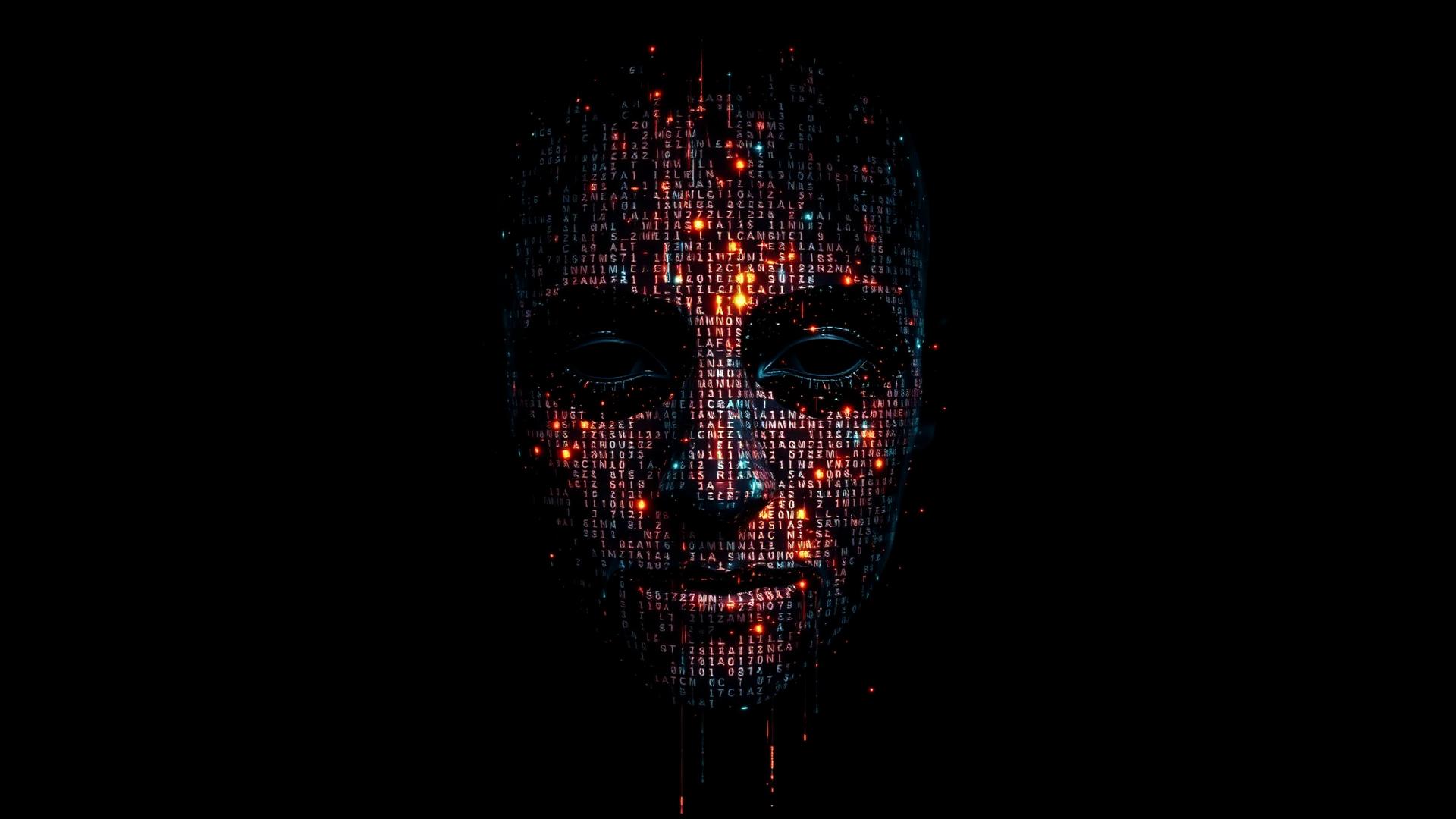 Лицо из пикселей и кода на чёрном фоне — обложка статьи об ИИ-инфлюенсерах и виртуальных креаторах